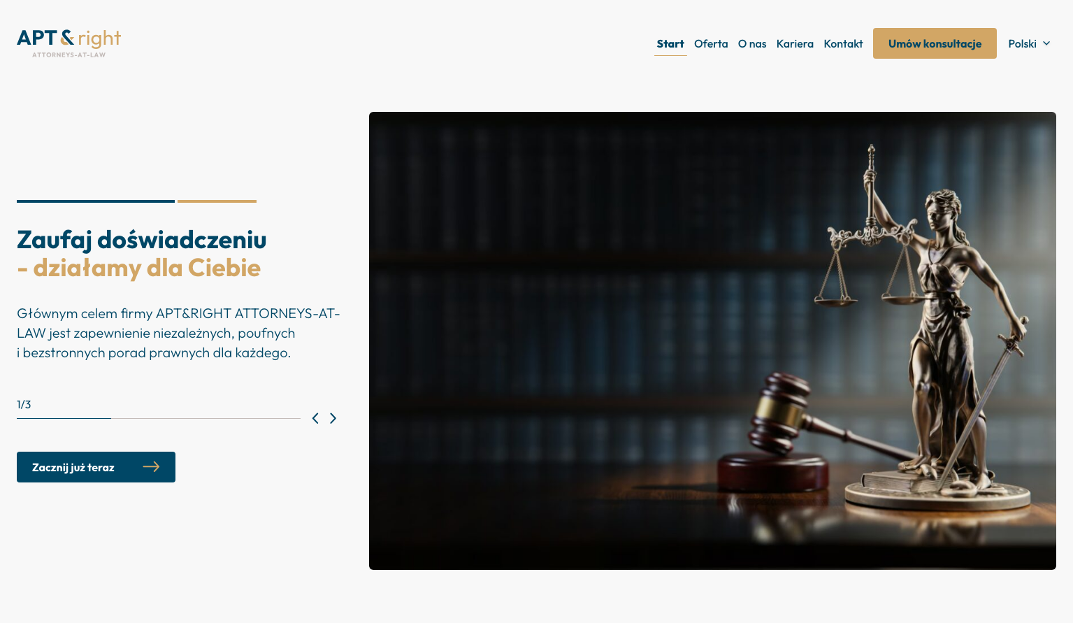APT&RIGHT homepage showing a custom WordPress law firm website with legal consultation navigation and hero image