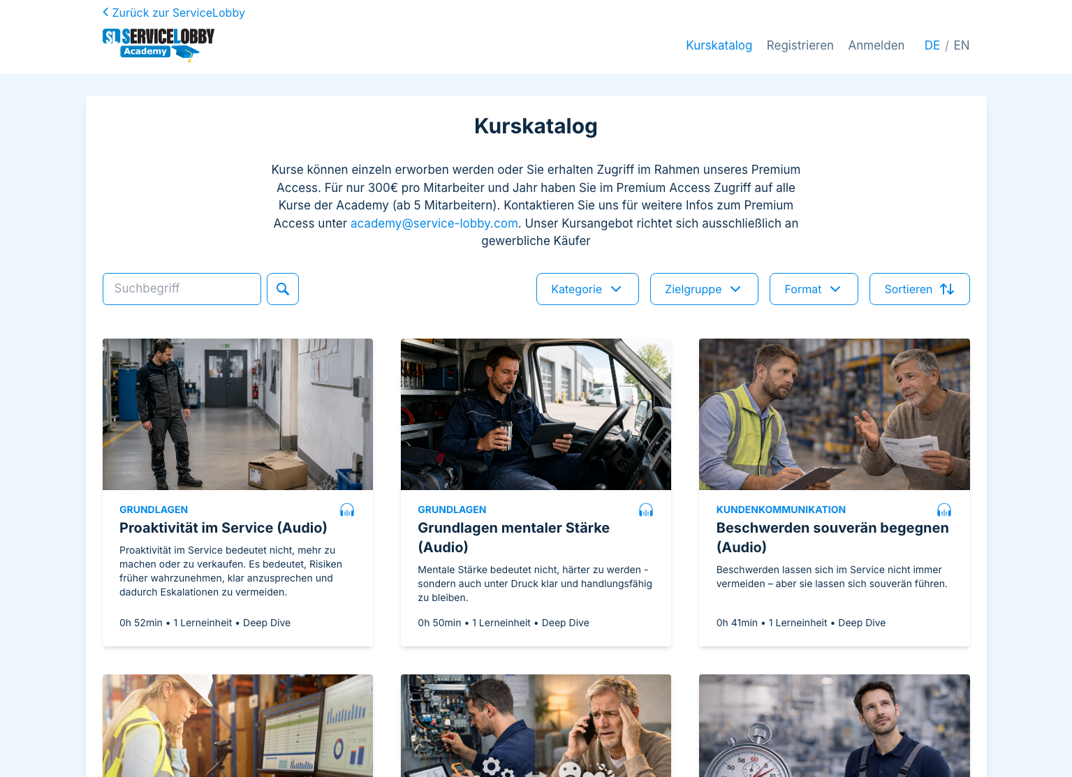 ServiceLobby Academy course catalog showing searchable audio and video courses with filters, categories, target groups, and sorting