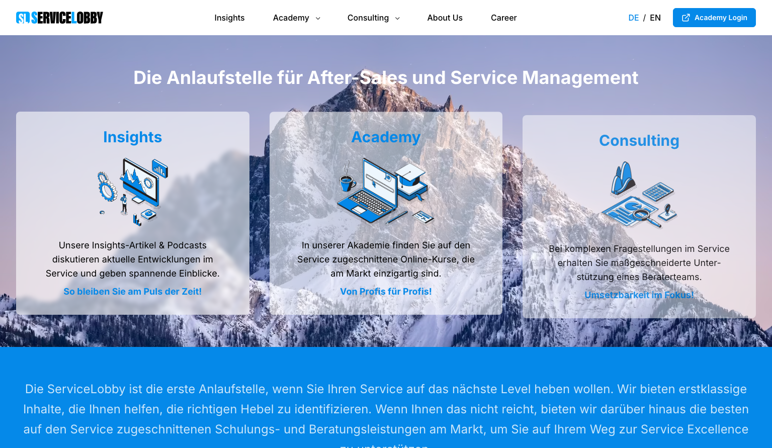 ServiceLobby homepage showing a custom WordPress corporate website for after-sales and service management with Insights, Academy, and Consulting entry points